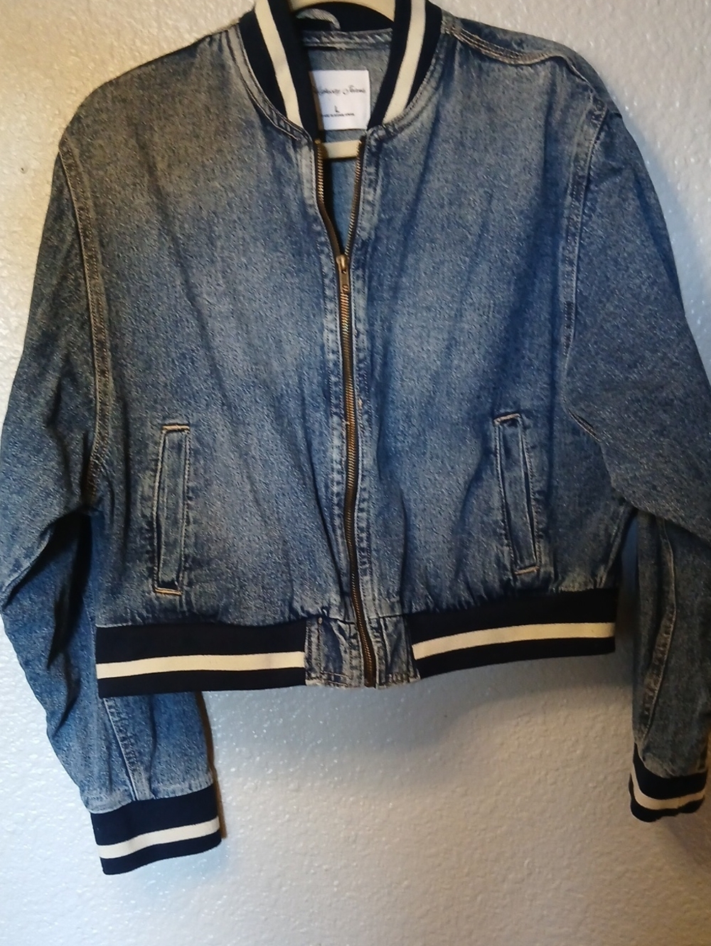 Highway Jeans Blue Denim Bomber Jacket with Black & White Striped Trim